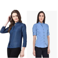 Womens Denim Solid Shirt Buy 1 Get 1 Free Navy Blue